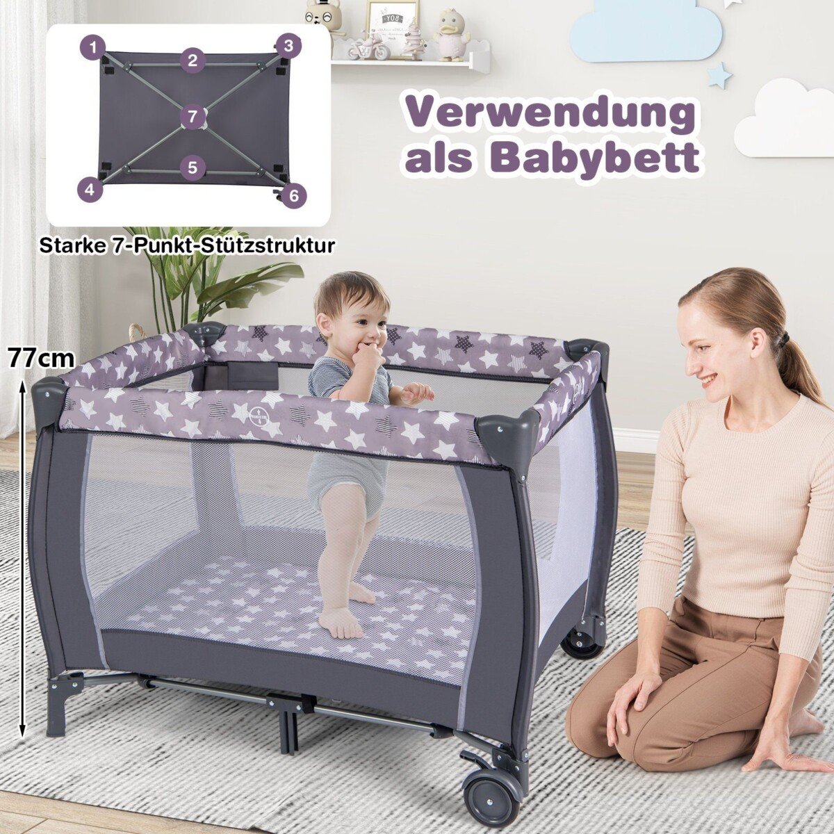 Daugiafunkcis kelioninis lopšys su čiužiniu (Pilka)