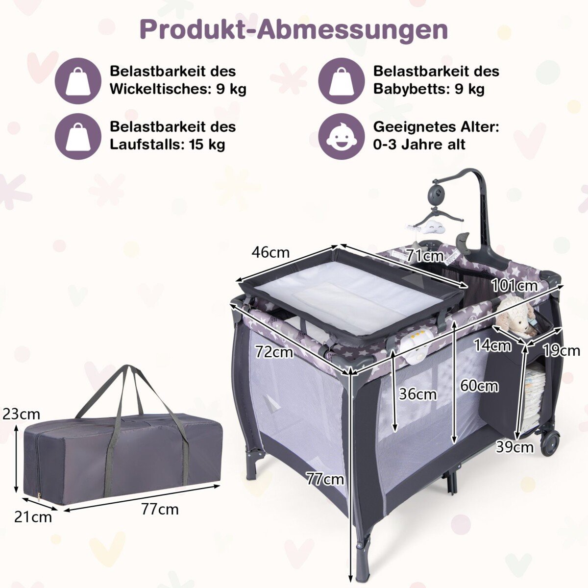 Daugiafunkcis kelioninis lopšys su čiužiniu (Pilka)