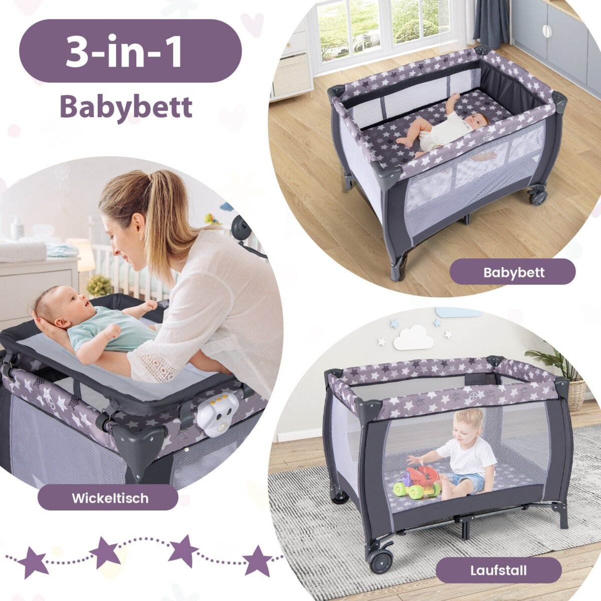 Daugiafunkcis kelioninis lopšys su čiužiniu (Pilka)