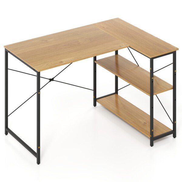 L formos kampinis rašomasis stalas su reguliuojama lentyna (Natūrali)