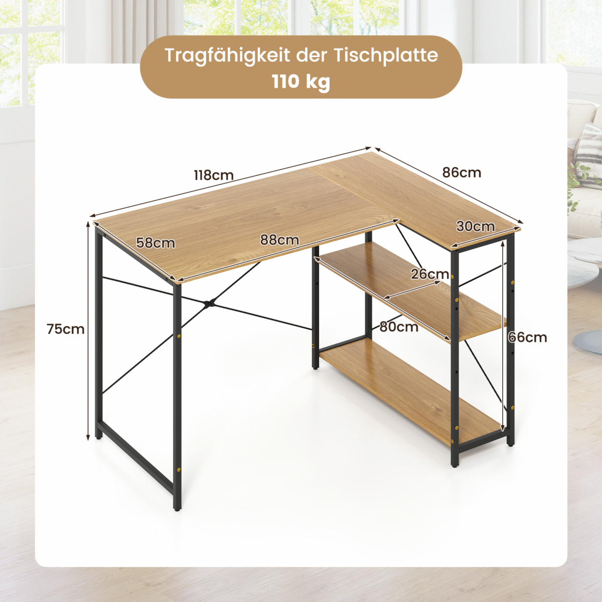 L formos kampinis rašomasis stalas su reguliuojama lentyna (Natūrali)