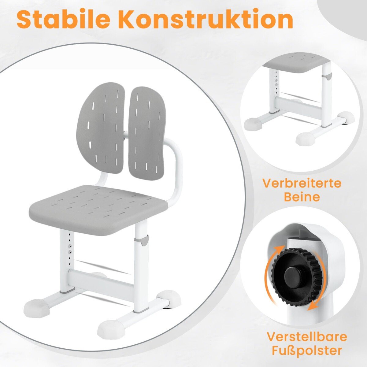 Reguliuojamo aukščio vaikiška darbo kėdė su dviguba atlošo atrama (Pilka)