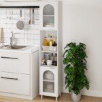 Aukšta siaura vonios spintelė su dvejomis rifliuoto stiklo durelėmis (Balta)