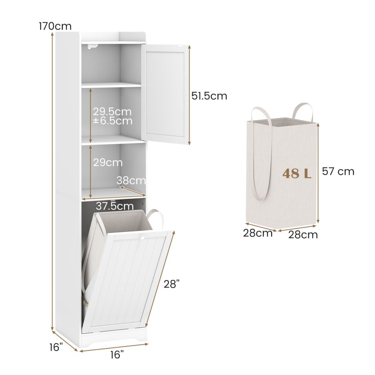 Aukšta ir siaura spintelė su skalbinių dėže (Balta)