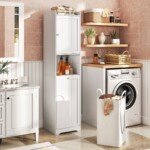 Aukšta ir siaura spintelė su skalbinių dėže (Balta)