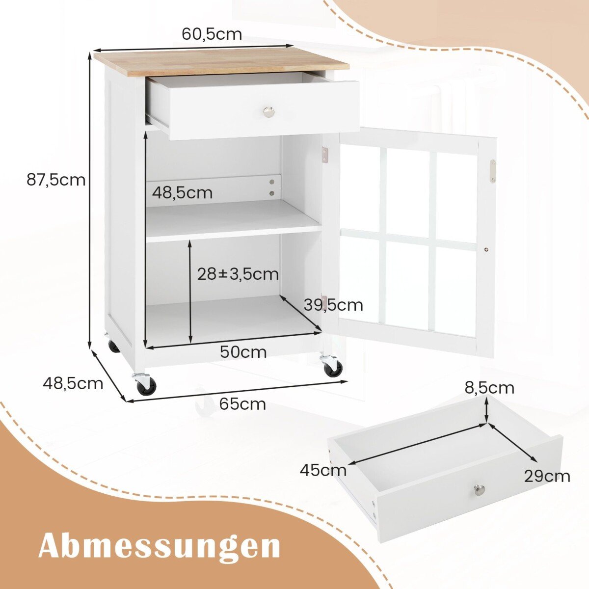 Virtuvės sala su ratukais ir mediniu stalviršiu (Balta)