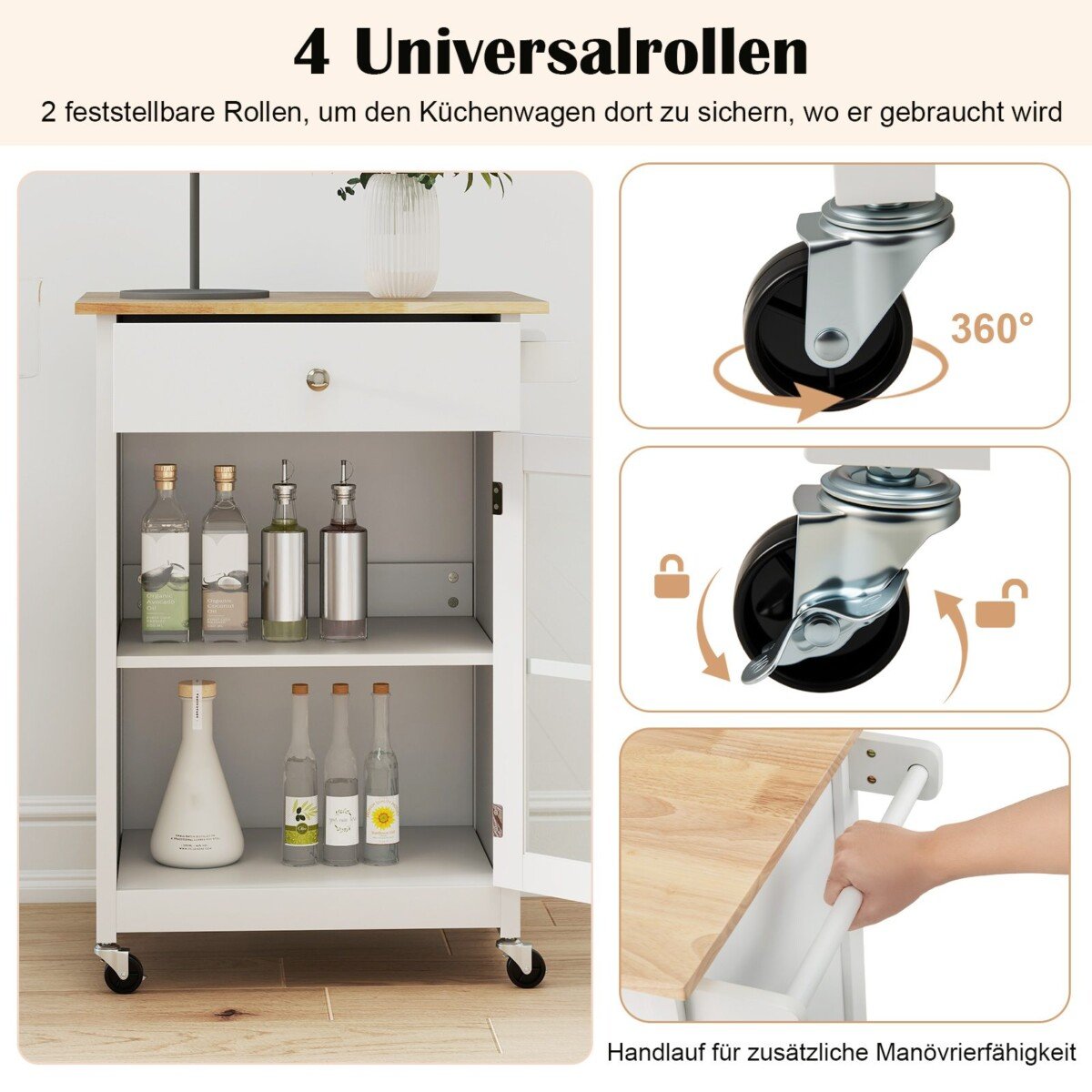 Virtuvės sala su ratukais ir mediniu stalviršiu (Balta)