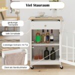 Virtuvės sala su ratukais ir mediniu stalviršiu (Balta)