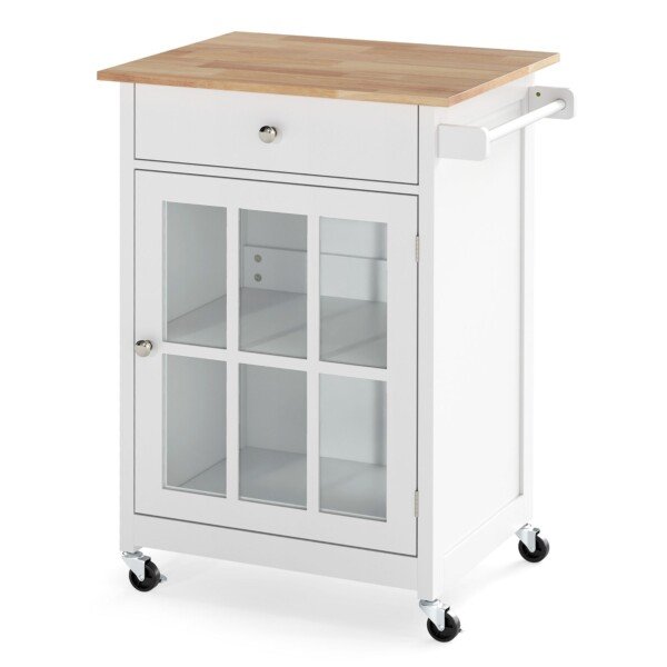 Virtuvės sala su ratukais ir mediniu stalviršiu (Balta)