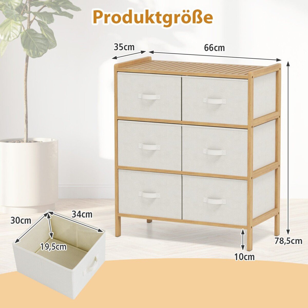 Bambukinė 6 stalčių komoda su viršutine lentyna (Natūrali)