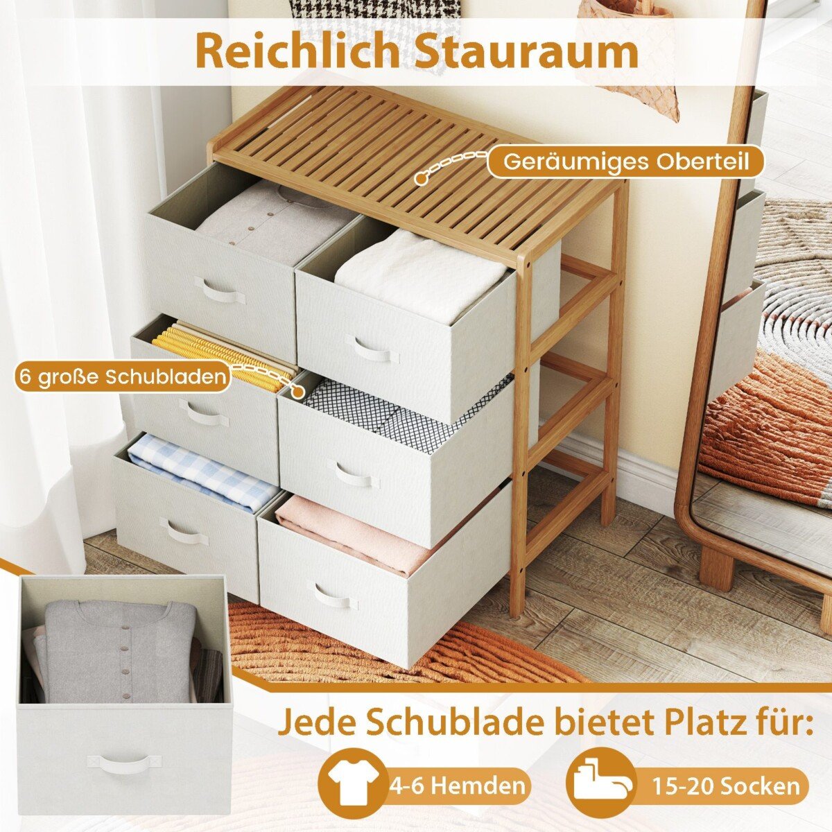 Bambukinė 6 stalčių komoda su viršutine lentyna (Natūrali)