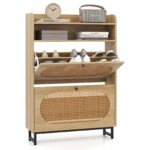 Aukšta batų spintelė su 2 stalčiais ir natūralaus rotango durelėmis (Natūrali)