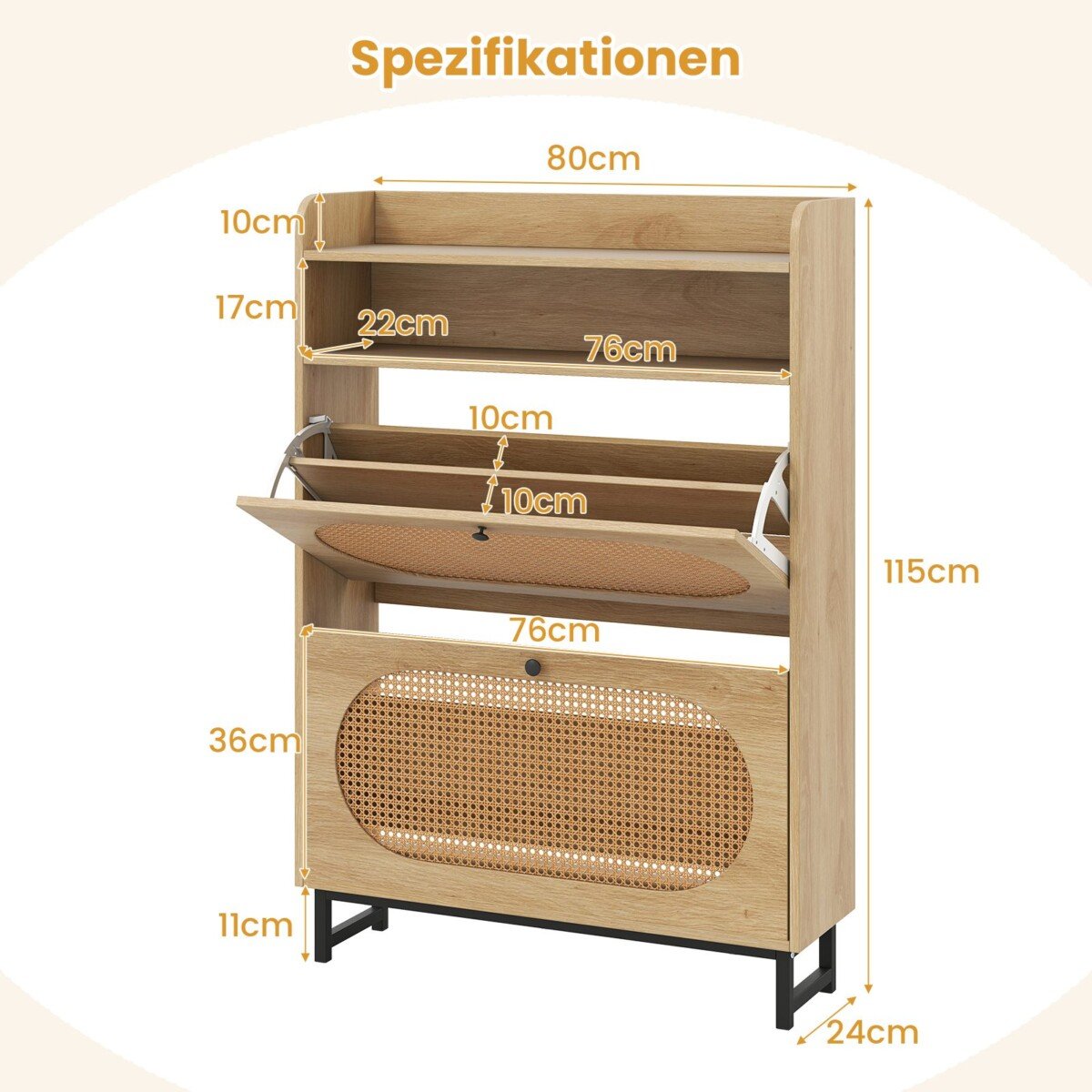 Aukšta batų spintelė su 2 stalčiais ir natūralaus rotango durelėmis (Natūrali)