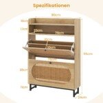 Aukšta batų spintelė su 2 stalčiais ir natūralaus rotango durelėmis (Natūrali)