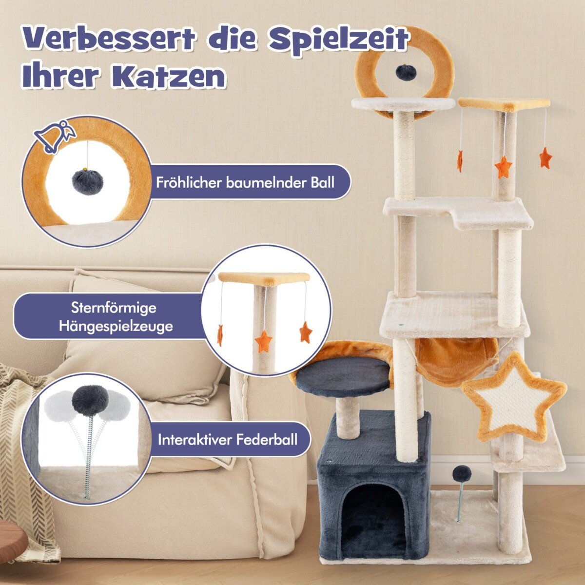 Daugiapakopis katės namelis su draskyklėmis 160 cm (Smėlio)