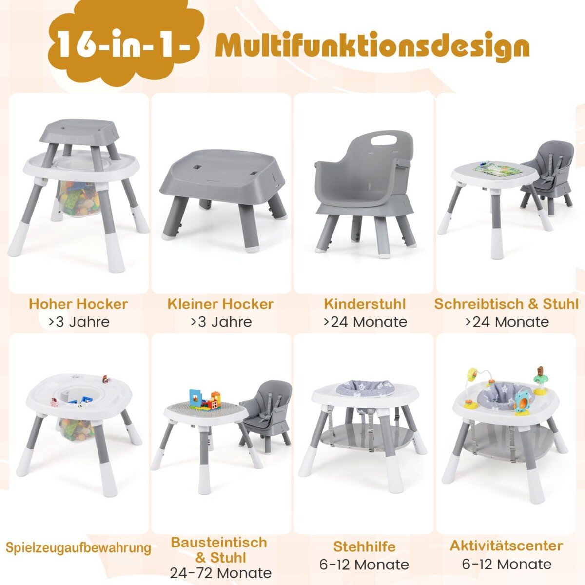 Daugiafunkcė vaikiška kėdutė-stalas su nuimamu padėklu (Pilka)