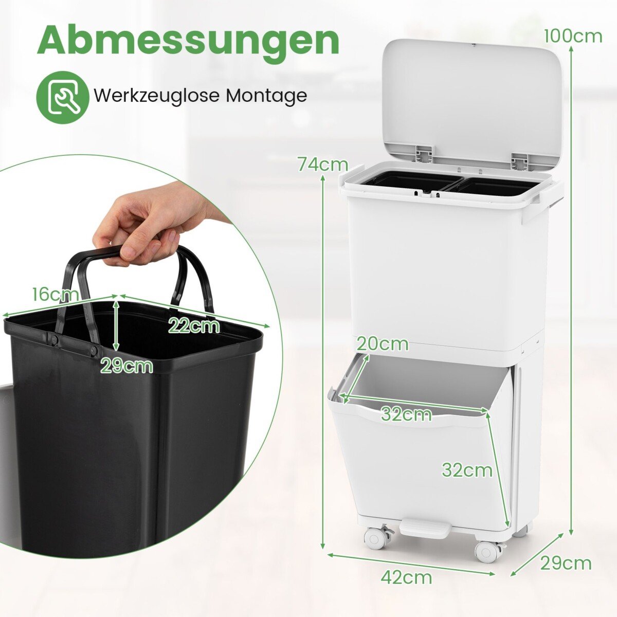 Daugiafunkcė šiukšliadėžė su skyreliais ir ratukais (Balta)