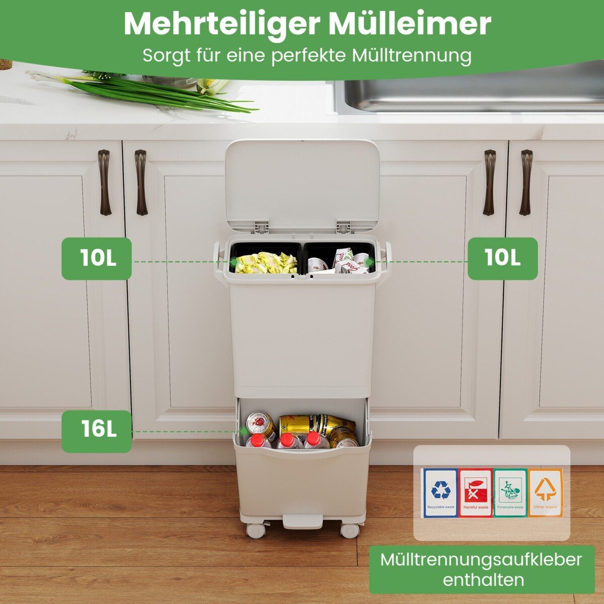 Daugiafunkcė šiukšliadėžė su skyreliais ir ratukais (Balta)