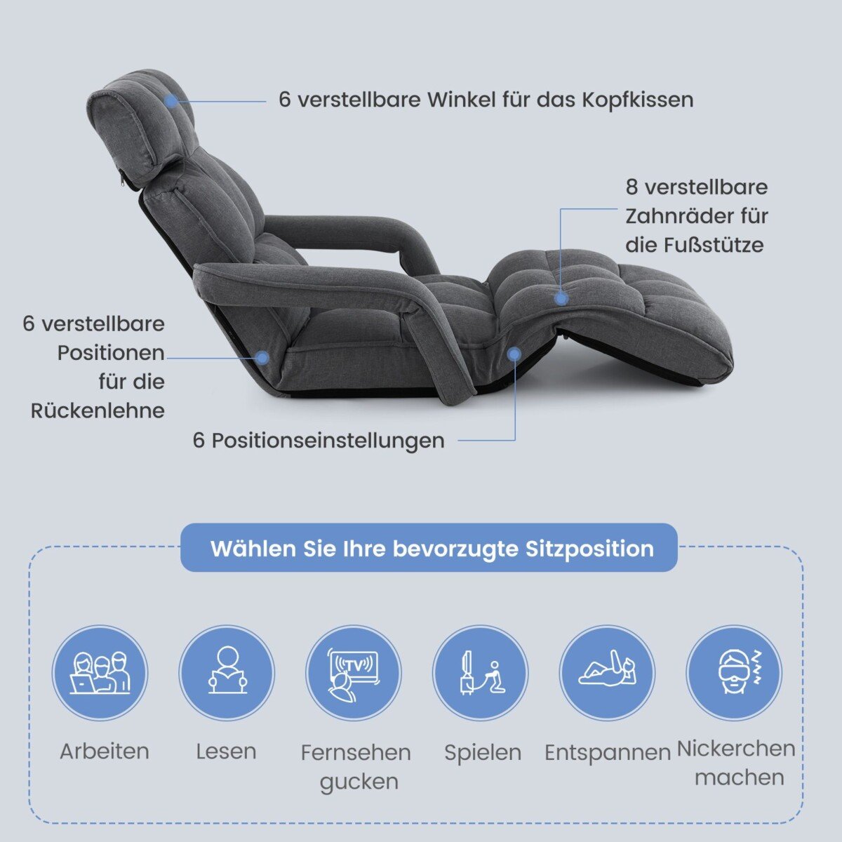 Reguliuojamas sulankstomas fotelis-lova (Tamsiai pilka)
