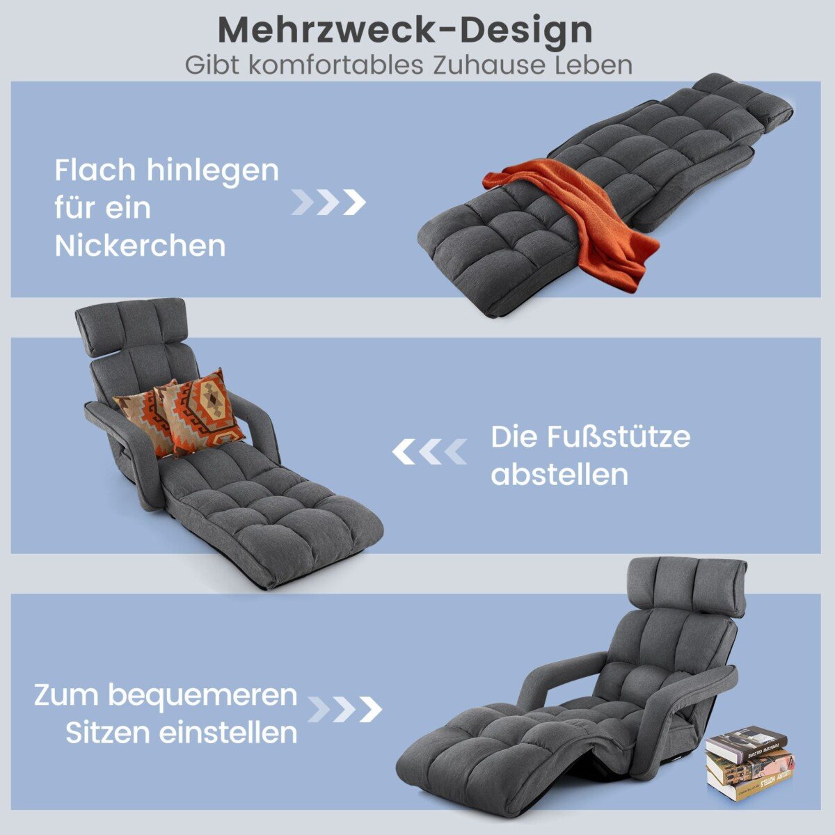 Reguliuojamas sulankstomas fotelis-lova (Tamsiai pilka)