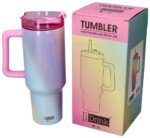 Didelis vaivorykštinis terminis puodelis su šiaudeliu