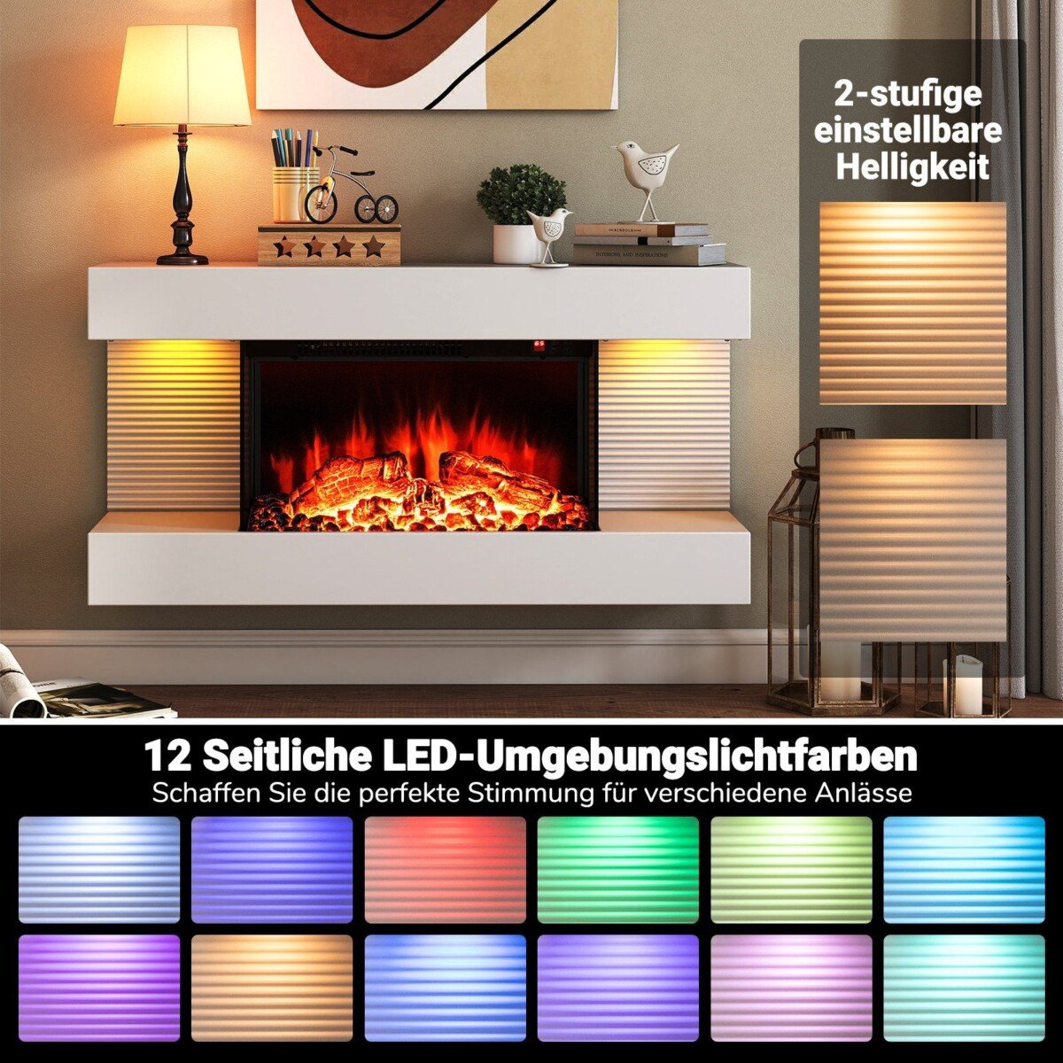 Elektrinis židinys su šildymo ir LED apšvietimo funkcija (Balta)