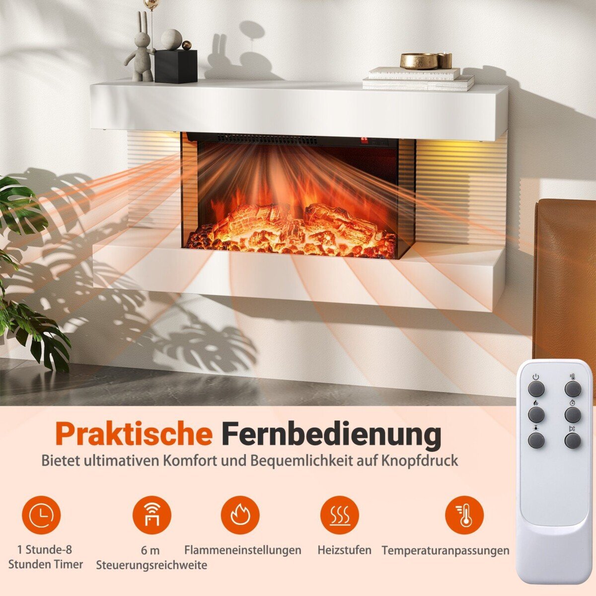 Elektrinis židinys su šildymo ir LED apšvietimo funkcija (Balta)