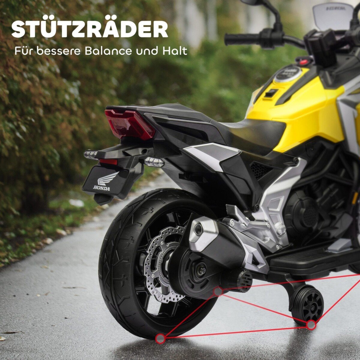 Elektrinis vaikiškas motociklas Honda su muzikos ir šviesos efektais bei atraminiais ratukais