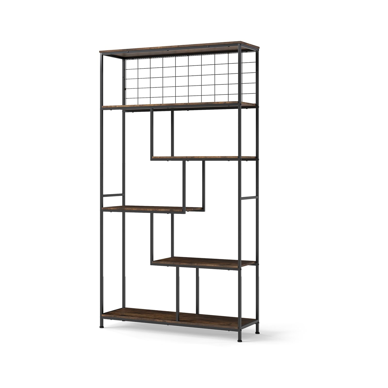 Geometrine-6-pakope-knygu-lentyna-su-metaliniu-tinkleliu-Rudziu-ruda-1 Aukštas 6 pakopų metalinio tinklo lentynų stovas (Rustinė ruda)