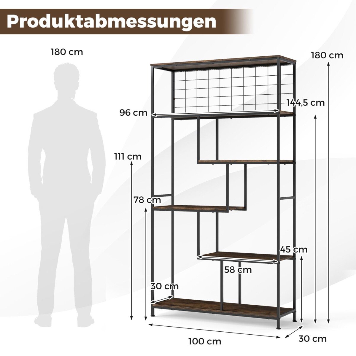 Aukštas 6 pakopų metalinio tinklo lentynų stovas (Rustinė ruda)