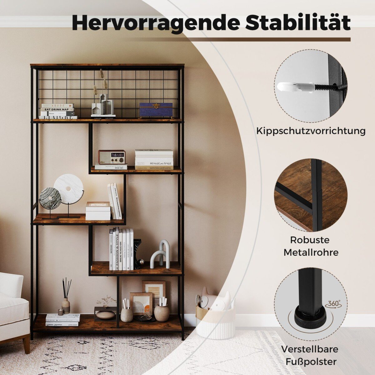 Aukštas 6 pakopų metalinio tinklo lentynų stovas (Rustinė ruda)