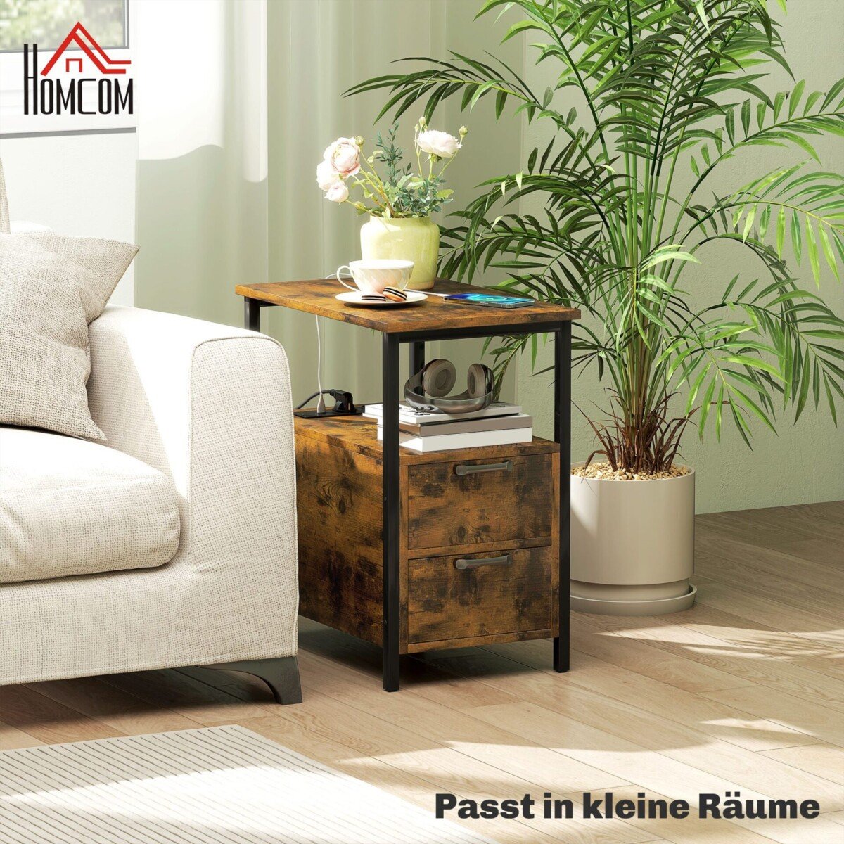 Naktinis, šoninis staliukas su USB jungtimis, elektros lizdais, 2 stalčiais ir atvira lentyna