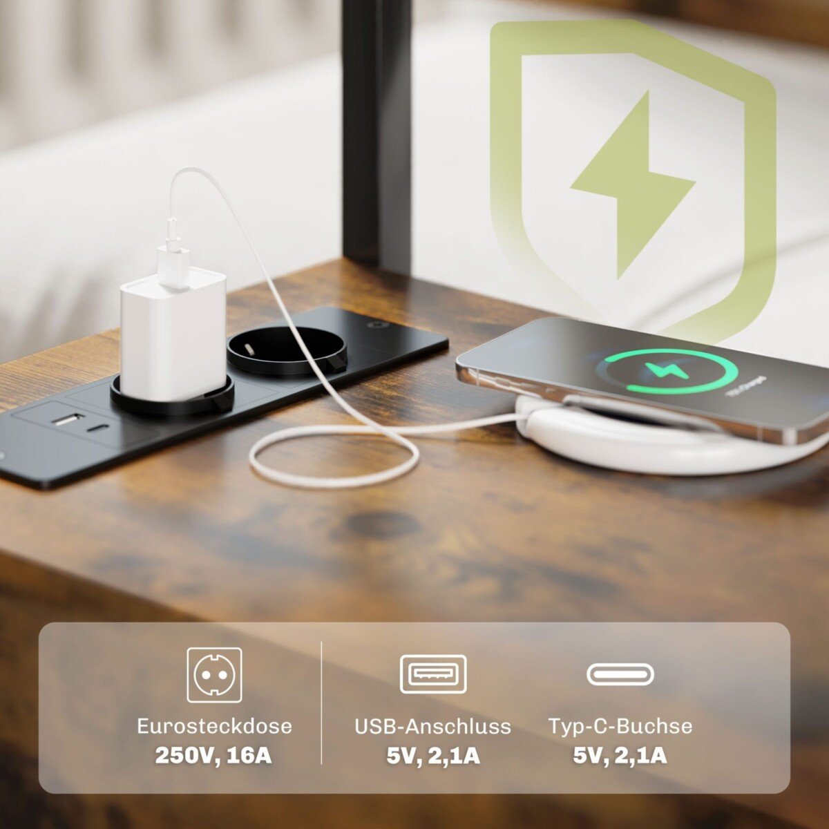 Naktinis, šoninis staliukas su USB jungtimis, elektros lizdais, 2 stalčiais ir atvira lentyna