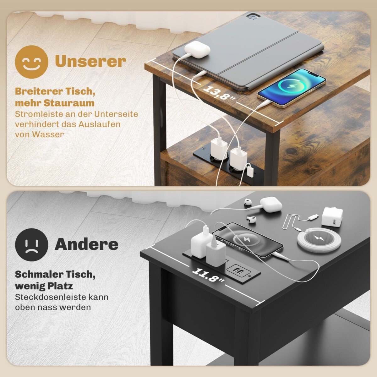 Naktinis, šoninis staliukas su USB jungtimis, elektros lizdais, 2 stalčiais ir atvira lentyna