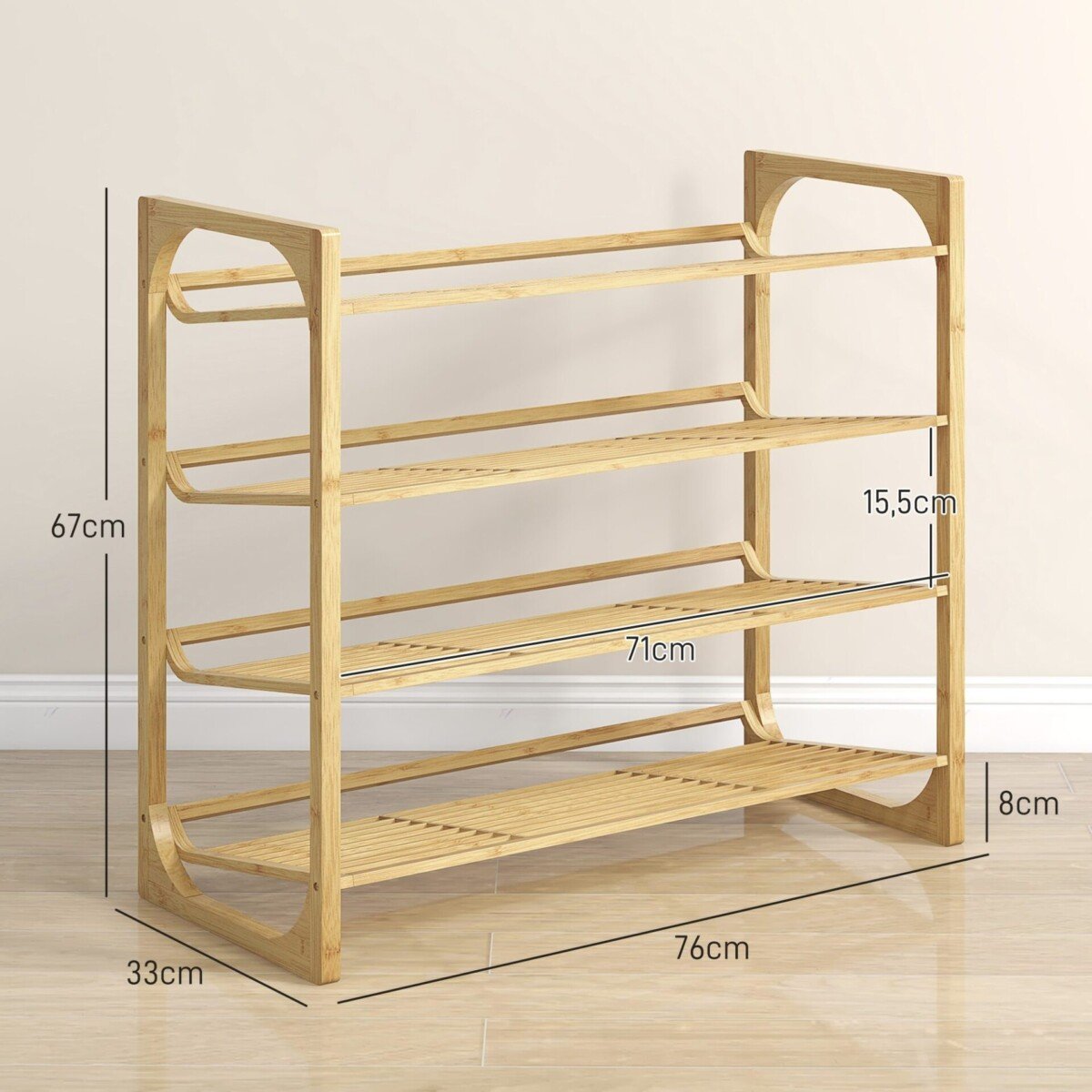 Bambukinė batų lentyna su pakreiptomis ir ventiliuojamomis lentynomis