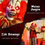 Helovino dekoracija: stovintis animatroninis klounas, 173 cm, su garso aktyvacija ir judančiomis dalimis