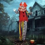 Helovino dekoracija: stovintis animatroninis klounas, 173 cm, su garso aktyvacija ir judančiomis dalimis
