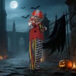 Helovino dekoracija: stovintis animatroninis klounas, 173 cm, su garso aktyvacija ir judančiomis dalimis