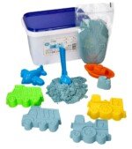 Kinetinio smėlio rinkinys kibirėlyje: žydras, 2 kg, su transporto priemonių formelėmis ir kastuvėliu