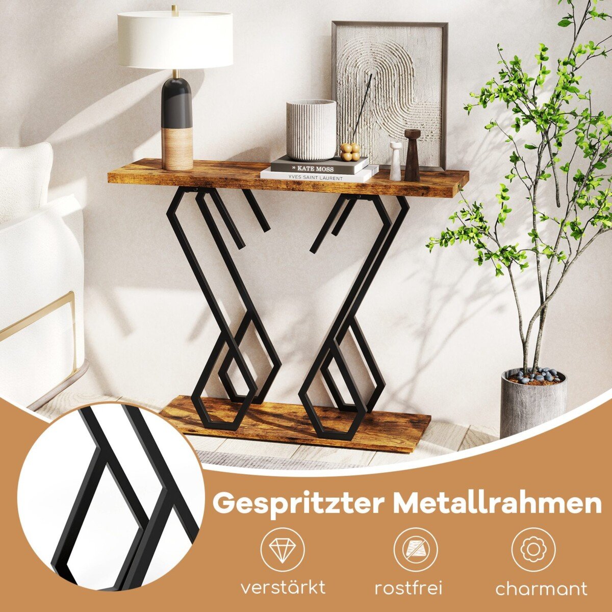 Konsolinis staliukas su dirbtinio marmuro stalviršiu ir metaliniu rėmu (Ruda)