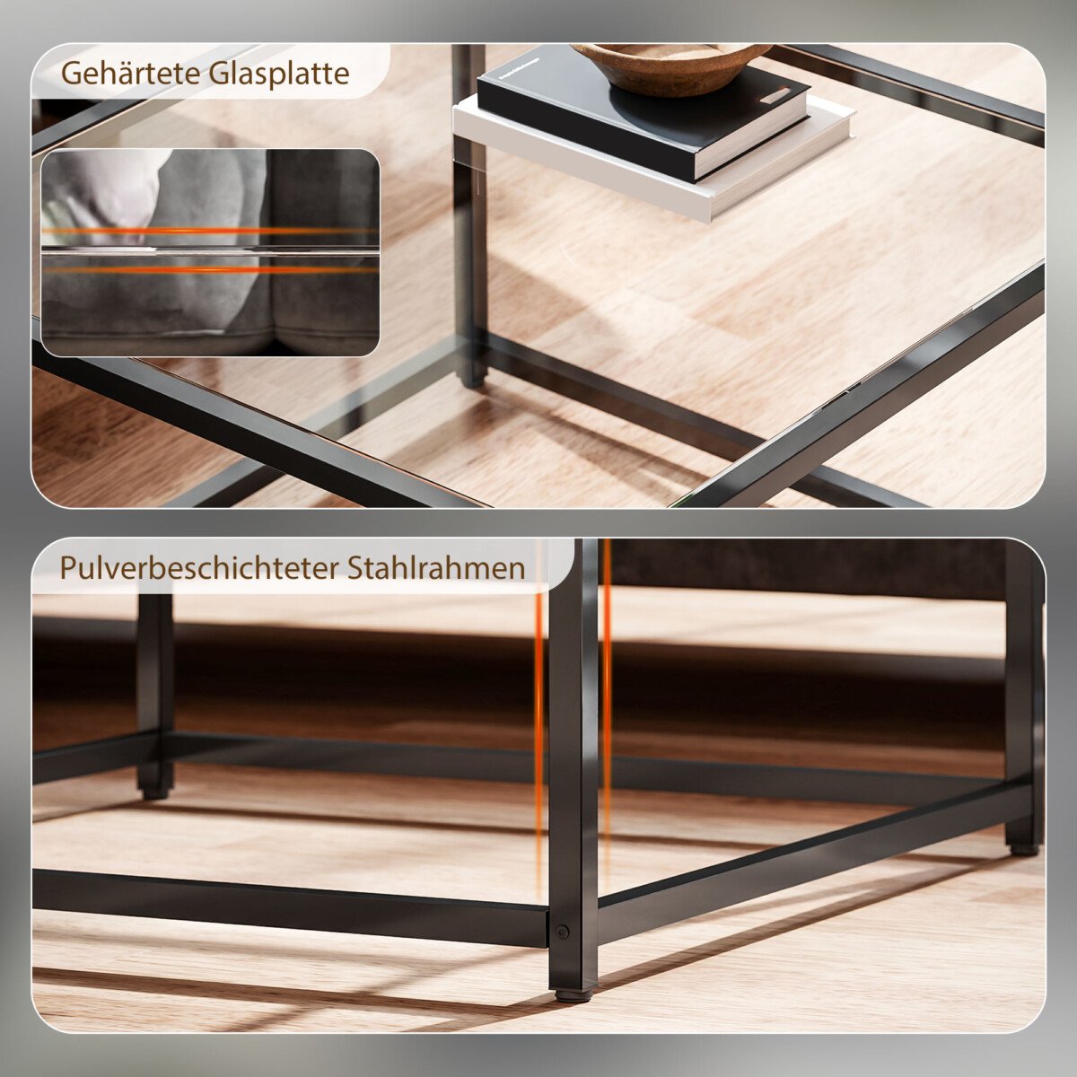 Kvadratinis kavos staliukas su grūdinto stiklo stalviršiu ir plieno rėmu