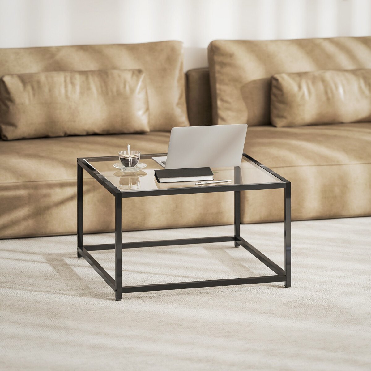 Kvadratinis kavos staliukas su grūdinto stiklo stalviršiu ir plieno rėmu