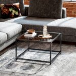 Kvadratinis kavos staliukas su grūdinto stiklo stalviršiu ir plieno rėmu