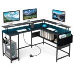 L formos kompiuterio stalas su LED apšvietimu ir integruota įkrovimo stotele (Juoda)