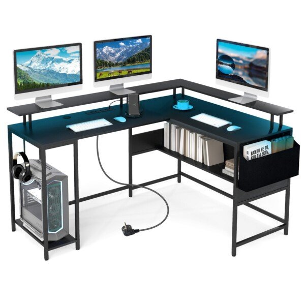 L formos kompiuterio stalas su LED apšvietimu ir integruota įkrovimo stotele (Juoda)