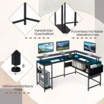 L formos kompiuterio stalas su LED apšvietimu ir integruota įkrovimo stotele (Juoda)