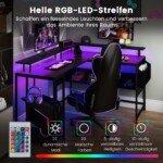 L formos kompiuterio stalas su LED apšvietimu ir integruota įkrovimo stotele (Juoda)