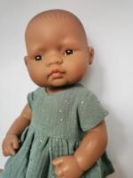 Lėlės suknelė 32 cm, tamsiai mėtinė su dangaus motyvais