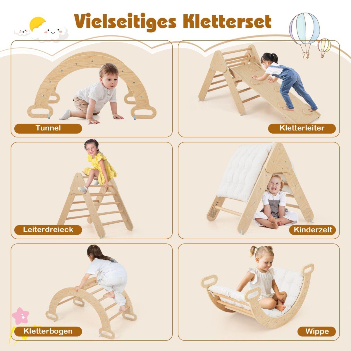 Medinis 4-in-1 laipiojimo komplektas su čiuožykla ir supuoklėmis (Natūrali)