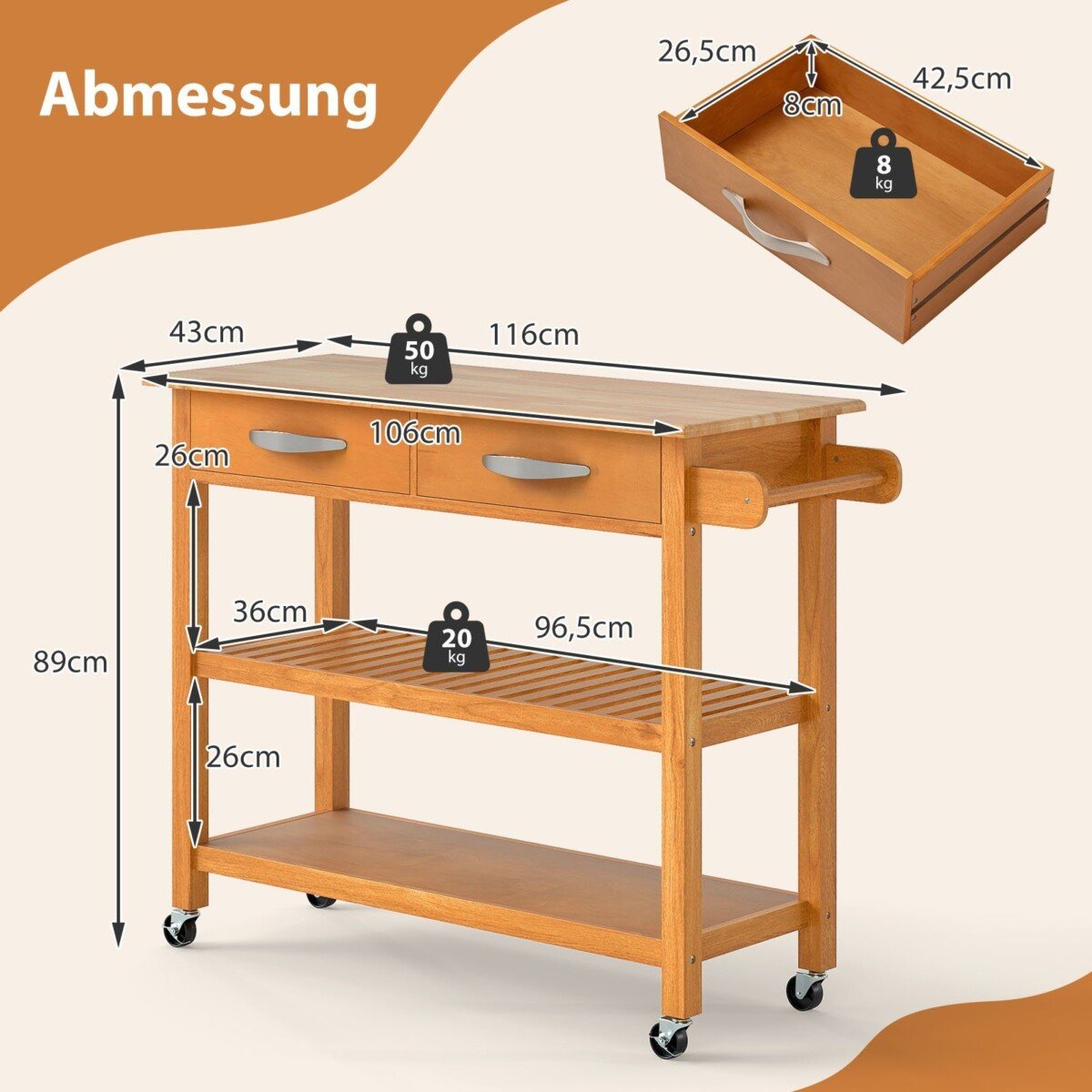 Virtuvės vežimėlis su stalviršiu ir laikymo skyriais (Natūrali)